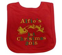 Personalised Embroidered 1st Christmas bib with Santa and Sleigh and Name (red)