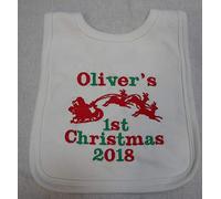 Personalised Embroidered 1st Christmas bib with Santa and Sleigh and Name (White)