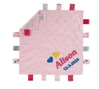 Personalised Embroidered Baby Dimple Comforter Tags Blanket with Name and Date of Birth Newborn Boy or Girl (Pink Heart)