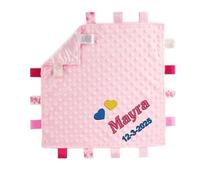 Personalised Embroidered Baby Dimple Comforter Tags Blanket with Name and Date of Birth Newborn Boy or Girl (Pink Bubble)