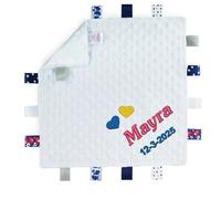 Personalised Embroidered Baby Dimple Comforter Tags Blanket with Name and Date of Birth Newborn Boy or Girl (White Bubble)