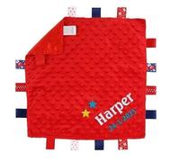 Personalised Embroidered Baby Dimple Comforter Tags Blanket with Name and Date of Birth Newborn Boy or Girl (Red Bubble)