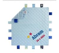Personalised Embroidered Baby Dimple Comforter Tags Blanket with Name and Date of Birth Newborn Boy or Girl (Blue Bubble)