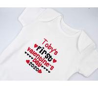Personalised Embroidered Baby Short Sleeved Vest Bodysuit - Unisex Boys or Girls Clothing - Name's First Valentines Day *ADD Any Name and Year* - Unique Novelty Gift and Keepsake (0-3 Months)