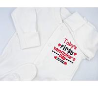 Personalised Embroidered Baby Sleepsuit Babygrow - Unisex Boys or Girls Clothing - Name's First Valentines Day *ADD Any Name and Year* - Unique Novelty Gift and Keepsake (9-12 Months)