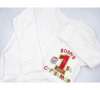 Personalised Embroidered Baby Toddler Boy Girl Sleepsuit Babygrow - Name's 1st Christmas Applique 1 & Santa - Add *Any Name* (3-6 Months)