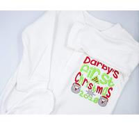 Personalised Embroidered Baby Toddler Boy Girl Sleepsuit Babygrow - Names First 1st Christmas Words with Mini Santa Claus & Tree Design - Add *Any Name* (6-12 Months)