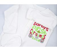Personalised Embroidered Baby Toddler Boy Girl Sleepsuit Babygrow - Names First 1st Christmas Words with Mini Santa Claus & Tree Design - Add *Any Name* (3-6 Months)