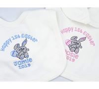 Personalised Embroidered Happy 1ST Easter Baby Boy Girl Bib with Bunny and Egg Detail **ADD Any Name** Unique Novelty Easter Gift and Keepsake