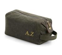 Personalised Embroidered Mens Canvas Wash Bag with Strap Black, Green Or Sand- Mens Toilet Bag Embroidered with Initials (Green)