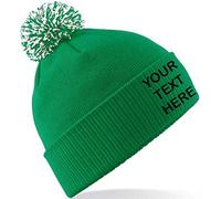 Personalised/Embroidered Mens/Ladies Pom Pom Beanie Hat, Text/Logo (Kelly Green/White)