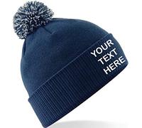 Personalised/Embroidered Mens/Ladies Pom Pom Beanie Hat, Text/Logo (Navy/Light Grey)