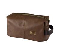 Personalised Embroidered Mens PU Leather Wash Bag with Strap Black or Brown - Mens Vegan Leather Toilet Bag Embroidered with Initials (Tan)