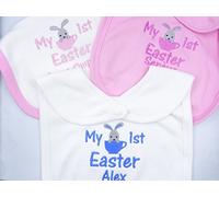 Personalised Embroidered My 1ST Easter Baby Boy Girl Bib with Tea Cup Bunny Detail and Any Name of Your Choice.