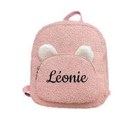 Personalised Embroidered Name Bear Kids Backpack, Dual Zipped Compartments Fluffy Curly Fleece Toddler Rucksack with 3D Bear Ears for Nursery Travel （One Size