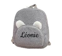 Personalised Embroidered Name Bear Kids Backpack, Dual Zipped Compartments Fluffy Curly Fleece Toddler Rucksack with 3D Bear Ears for Nursery Travel （Grey, One Size