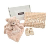 Personalised Embroidered New Baby Beige Blanket, Teddy Bear Comforter or Gift Set - Customised Name (Girls Boys Unisex Neutral Nursery Pram) (Beige-Brown, Gift Set: Blanket, Comforter & Booties)