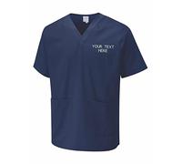 Personalised Embroidered Your Text Scrubs Tunic Health Care Hospital Medical Uniform Women Men Nurse Uniform Workwear Doctor Nurse Dress V Neck Line Regular Fit Top Navy