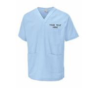 Personalised Embroidered Your Text Scrubs Tunic Health Care Hospital Medical Uniform Women Men Nurse Uniform Workwear Doctor Nurse Dress V Neck Line Regular Fit Top Sky