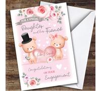Personalised Engagement Card For Daughter And Her Fiance Bear Heart Pink | Custom Greetings Card For Engagement Any Text Inside & Out