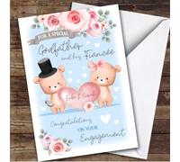 Personalised Engagement Card For Godfather And His Fiancee Bear Heart Blue | Custom Greetings Card For Engagement Any Text Inside & Out