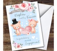 Personalised Engagement Card For Nephew And His Fiancee Bear Heart Blue | Custom Greetings Card For Engagement Any Text Inside & Out