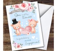 Personalised Engagement Card For Son And His Fiancee Bear Heart Blue | Personalized Custom Unique Greetings Card For Engagement Any Text Inside & Out