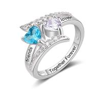 Personalised Engagement Sterling Silver Wedding Rings for Women 925 Mums Rings - Promise Rings for Couples Customiesed Love Gifts - 2 Heart Simulated Birthstone and 2 Engraved Name Rings Size M