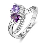 Personalised Engagement Wedding Sterling Silver Rings for Women - Couple Promise Ring for Her - Mums Grandma Rings Customised Love Gift - 2 Heart Simulated Birthstone 2 Engraved Name Ring Size V 1/2