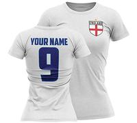 Personalised England Football Shirt Womens 2025, Your Custom Name and Number Printed England Tshirt Top, New Updated 2026 kit, Retro Gifts for English Fans, XL, White