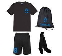 Personalised England Football Training Kit Black Shirt, Shorts, Bag and Socks for Boys and Girls Best Birthday Gift for Children Kids Playwear (3-4 Years)