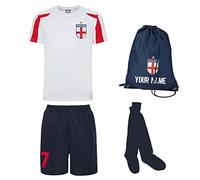 Personalised England Kids Football Kit Shirt, Short, Bag and Socks Best Birthday Gift for 9 to 11 Year Old Children Arctic White/Fire Red