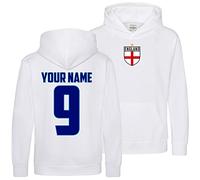 Personalised England Kids Hoodie 2025, Boys and Girls Football Your Custom Name and Number Printed England Hoody, New UPDATED 2025 Hood, Retro Gifts for English Fans, 7-8 Years, White