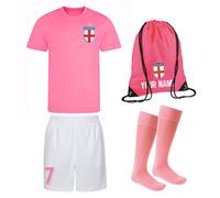 Personalised England Style Kit White and Pink Football Shirt, White Shorts, Bag and Socks for Boys and Girls Best Birthday Gift for Children Kids Playwear (3-4 Years)