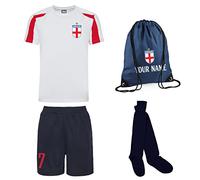 Personalised England Style Kit White and Red Football Shirt, Navy Blue Shorts, Bag and Socks for Boys and Girls Best Birthday Gift for Children Kids Playwear