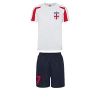 Personalised England Style Kit White Football Shirt Shorts, for Girls and Boys Best Birthday Gift for Children Kids Playwear (9-11 Years), White/Red