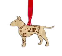 Personalised English Bull Terrier Dog Christmas Tree Bauble, Jumper with Snowflakes Design, Oak Veneer Wood or White Wood Decoration with Red Ribbon (Oak Veneer, Decoration Only)