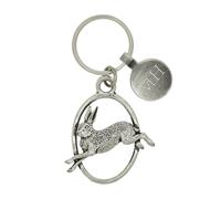 Personalised, English Made Pewter Keyring and Tag, Running Hare Design, Presented in Velvet Pouch