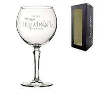 Personalised Engraved 100th Birthday Hudson Gin and Cocktail Glass, Name's 100 Years Young, Gift for Grandma, Mum, Nan, Sweeping Font, 650ml or 23oz Hudson Gin Balloon, Engraved in The UK