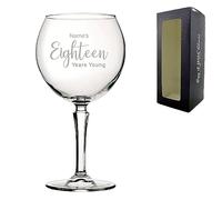 Personalised Engraved 18th Birthday Hudson Gin and Cocktail Glass, Name's 18 Years Young, Gift for Her, Delicate Font, 650ml or 23oz Hudson Gin Balloon, Engraved in The UK