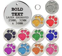 Personalised Engraved 25, 32 & 36mm Glitter Paw Print Pet Tag. Bold Contrasting Text. Small, Large & Very Large CAT/Dog ID Tags (Blue, 25mm (Cats & Small Dogs))