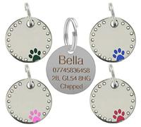 Personalised Engraved 30mm Diamante Paw Pet Tag Dog Cat Pet Tag ID Collar Tags (Red)