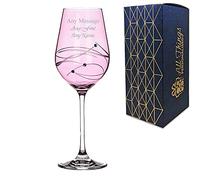 Personalised Engraved 350ml/11.8floz Pink Wine Glass with Spiral Cut Design and Diamante Finish - Comes in Gift Box Ready for Presentation to Recipient.