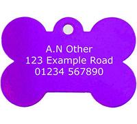 Personalised, Engraved 38x25mm Bone Dog Tags, Choice of One Or Both Sides Engraved, Choice of Colours, Medium/Large Aluminium Pet Tags (Purple)