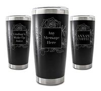 Personalised Engraved 500ml Black Travel Cup with Floral Square Design, Personalise with Any Message or Name