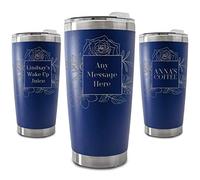 Personalised Engraved 500ml Dark Blue Travel Cup with Floral Square Design, Personalise with Any Message or Name