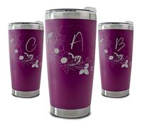 Personalised Engraved 500ml Dark Purple Travel Cup with Floral Wreath Design, Personalise with Any Letter or Initial