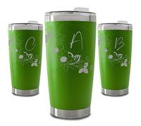 Personalised Engraved 500ml Green Travel Cup with Floral Wreath Design, Personalise with Any Letter or Initial