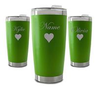 Personalised Engraved 500ml Green Travel Cup with Name and Heart Design, Personalise with Any Name
