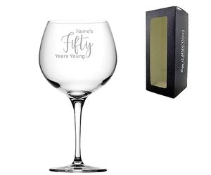 Personalised Engraved 50th Birthday Gin and Cocktail Glass, Name's 50 Years Young, Gift for Women, Mum, Auntie, Delicate Font, 680ml or 24oz Primeur Gin Balloon, Engraved in The UK